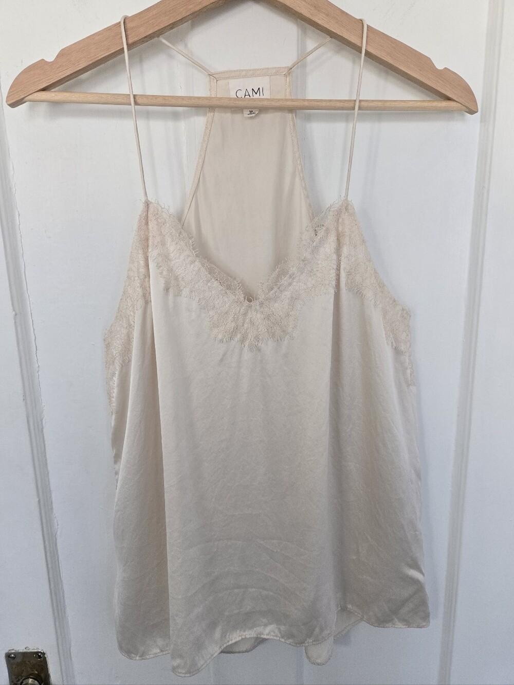 Cami NYC Women's Cream Silk Lace Racer Camisole Size M Fairy Dainty Quiet Luxury